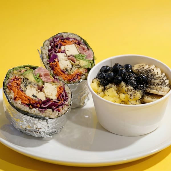 Two sushi burritos with colorful fillings and a fruit bowl with blueberries, bananas, and pineapple.