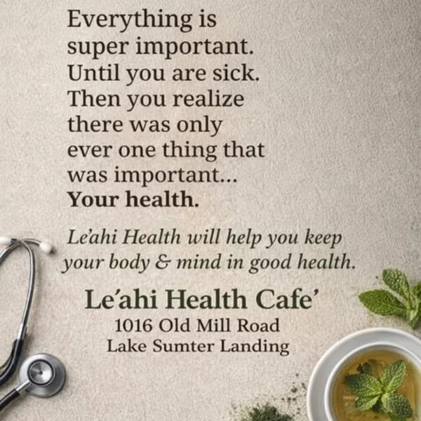 Leahi Health Cafe's health-focused text advertisement with a stethoscope, mint tea, and loose tea.