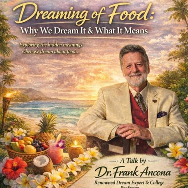 Dr. Frank Ancona smiles in a tropical setting with fruit, drinks, and a sunset ocean view.