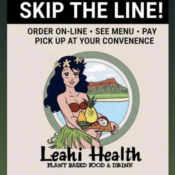 Cartoon hula girl holding a tray of fruit with a Hawaiian landscape in the background, promoting Leahi Health.