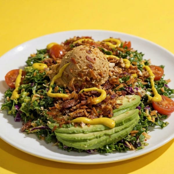 A vibrant salad with kale, avocado, cherry tomatoes, hummus, and a yellow dressing on a white plate.
