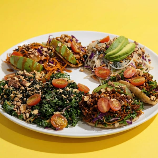 A white plate with four distinct vegan dishes, including salads and flatbreads, on a yellow background.