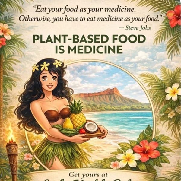 A Hawaiian woman holding a tray of tropical fruits, with a beach and mountain in the background.
