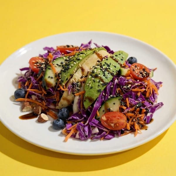 Colorful salad with purple cabbage, avocado, tomatoes, blueberries, and almonds on a white plate.